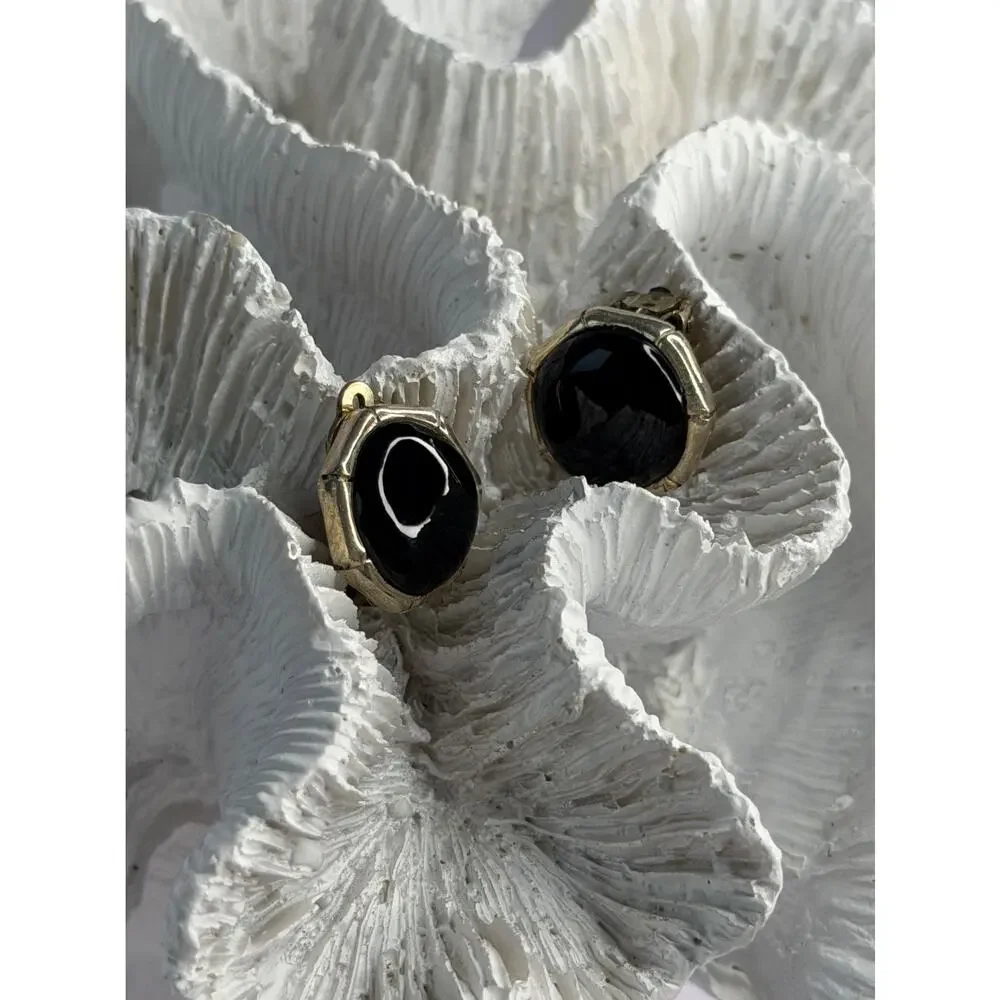 Vintage 925 Sterling Silver Black Onyx Clip-On Earrings